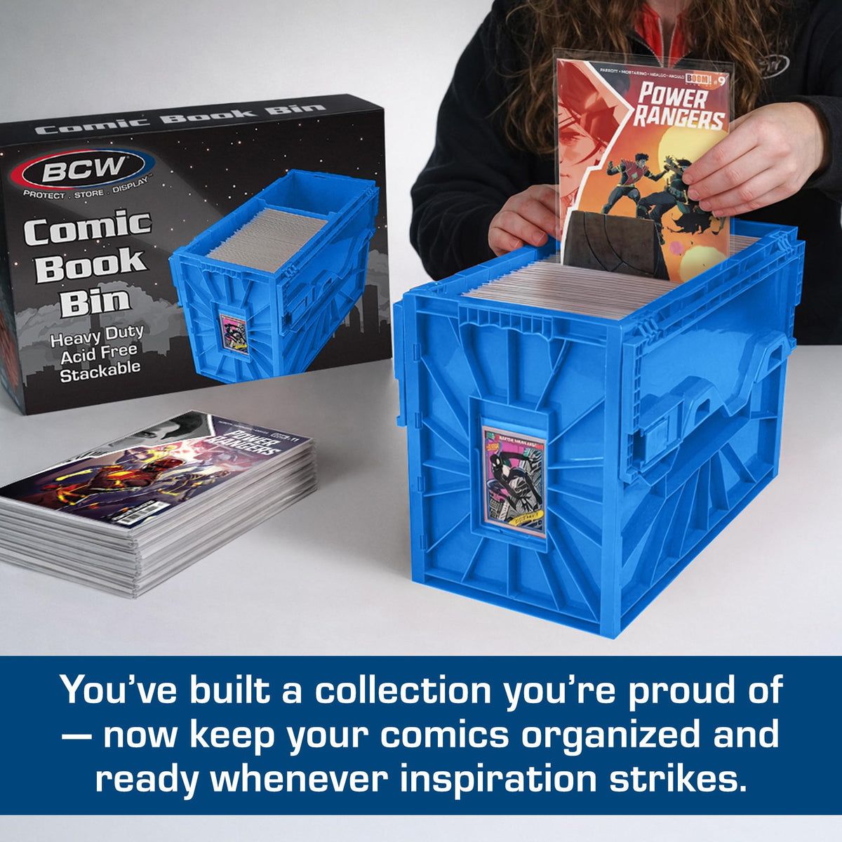 BCW blue stackable storage keeps your comics safely organized on shelves.