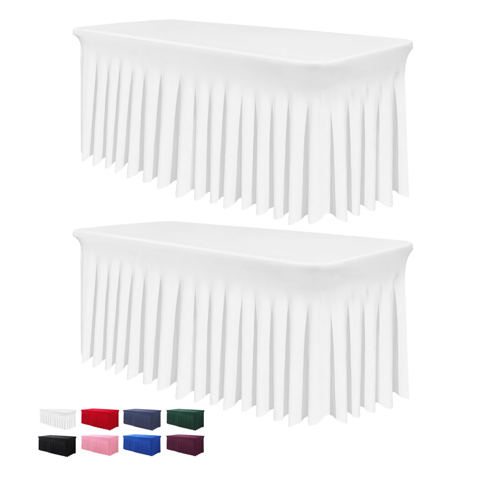 BDDC 6ft white table skirt covers banquet table for a polished setup
