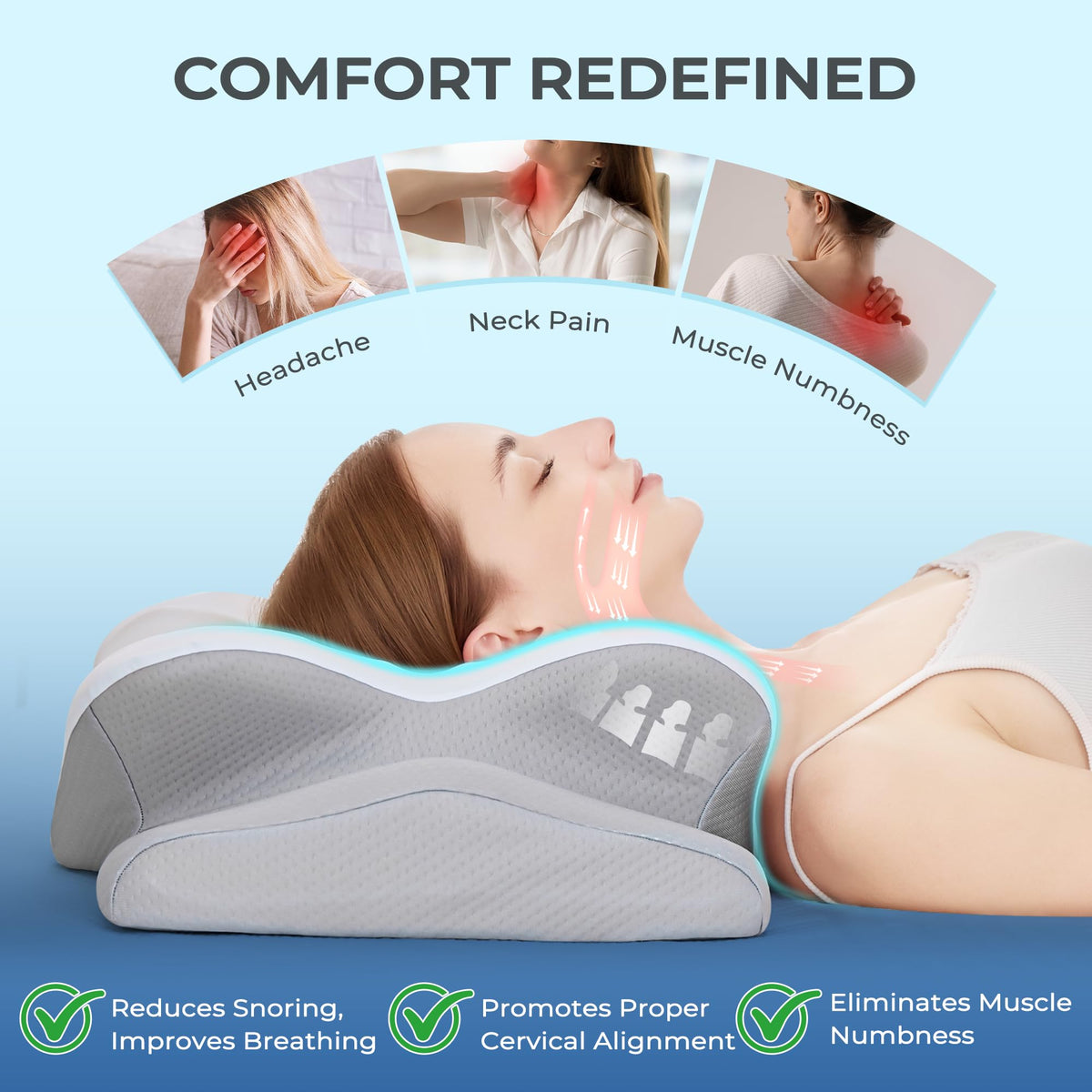BDEUS butterfly contour eases shoulder space and centers the head.