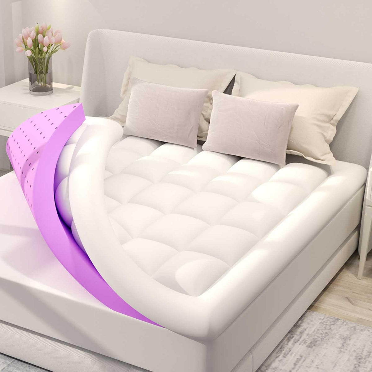 BDEUS dual-layer topper on a queen bed showing the cooling gel foam for refreshing nights.