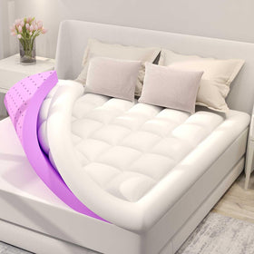 BDEUS dual-layer topper on a queen bed showing the cooling gel foam for refreshing nights.