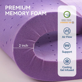 BDEUS queen-size topper displays two-layer composition with gel foam and down-alternative fill.