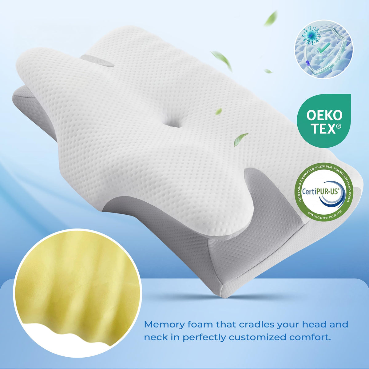 BDEUS cervical pillow center-lower design assists head cradle to minimize tissue vibration