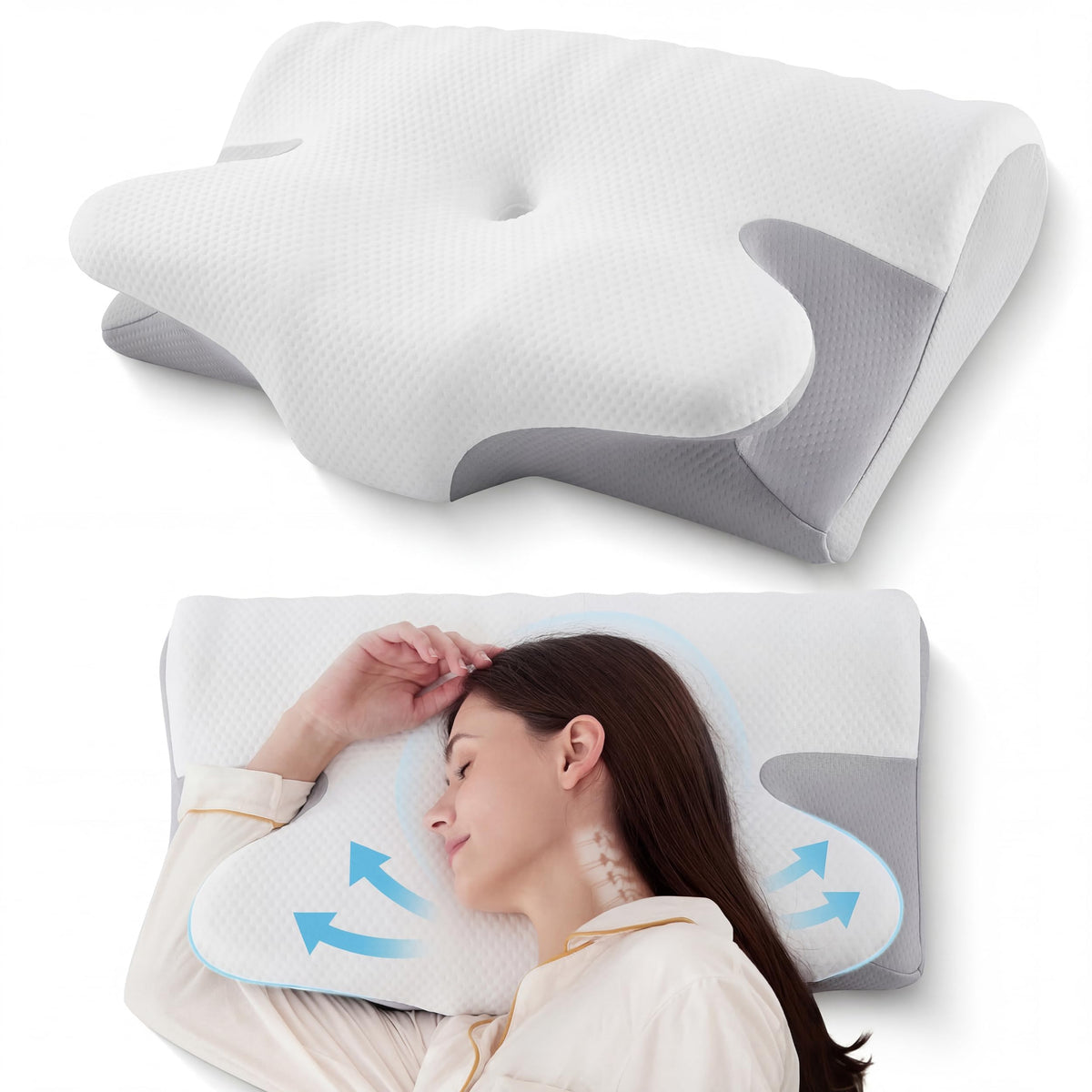 BDEUS Ergonomic Cervical Pillow horn side shows elevated support for neck and spine alignment