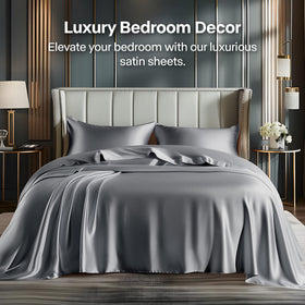 BEDELITE satin sheets close-up shows smooth texture and glossy sheen.