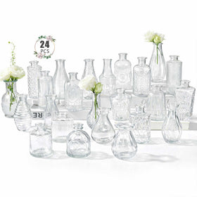 BEAHOT 24-pack glass bud vases in various shapes for elegant centerpieces.