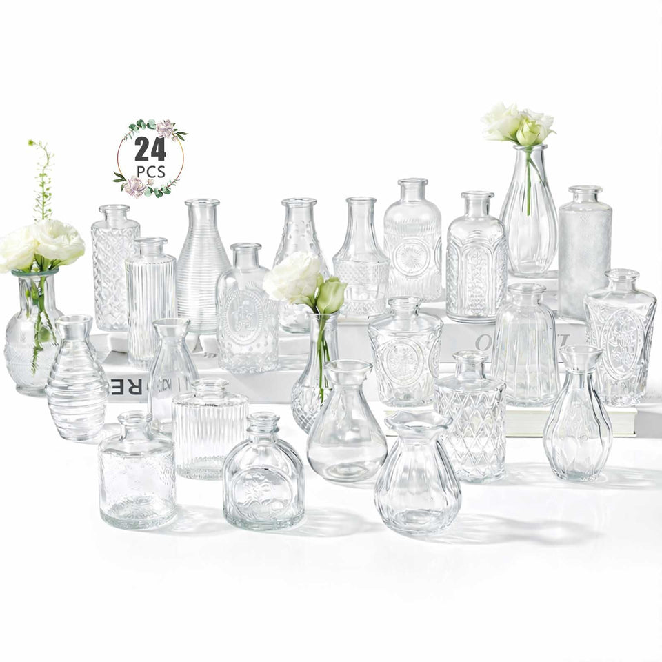 BEAHOT 24-pack glass bud vases in various shapes for elegant centerpieces.