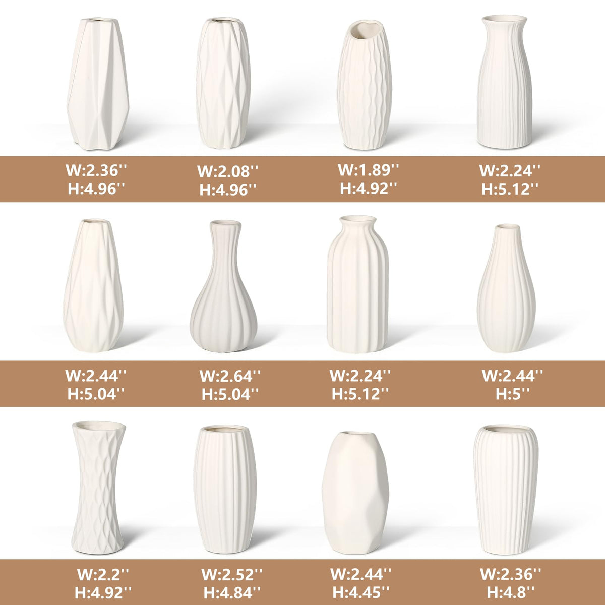 BEAHOT mini white vases showcase 12 unique designs for mixed floral displays.