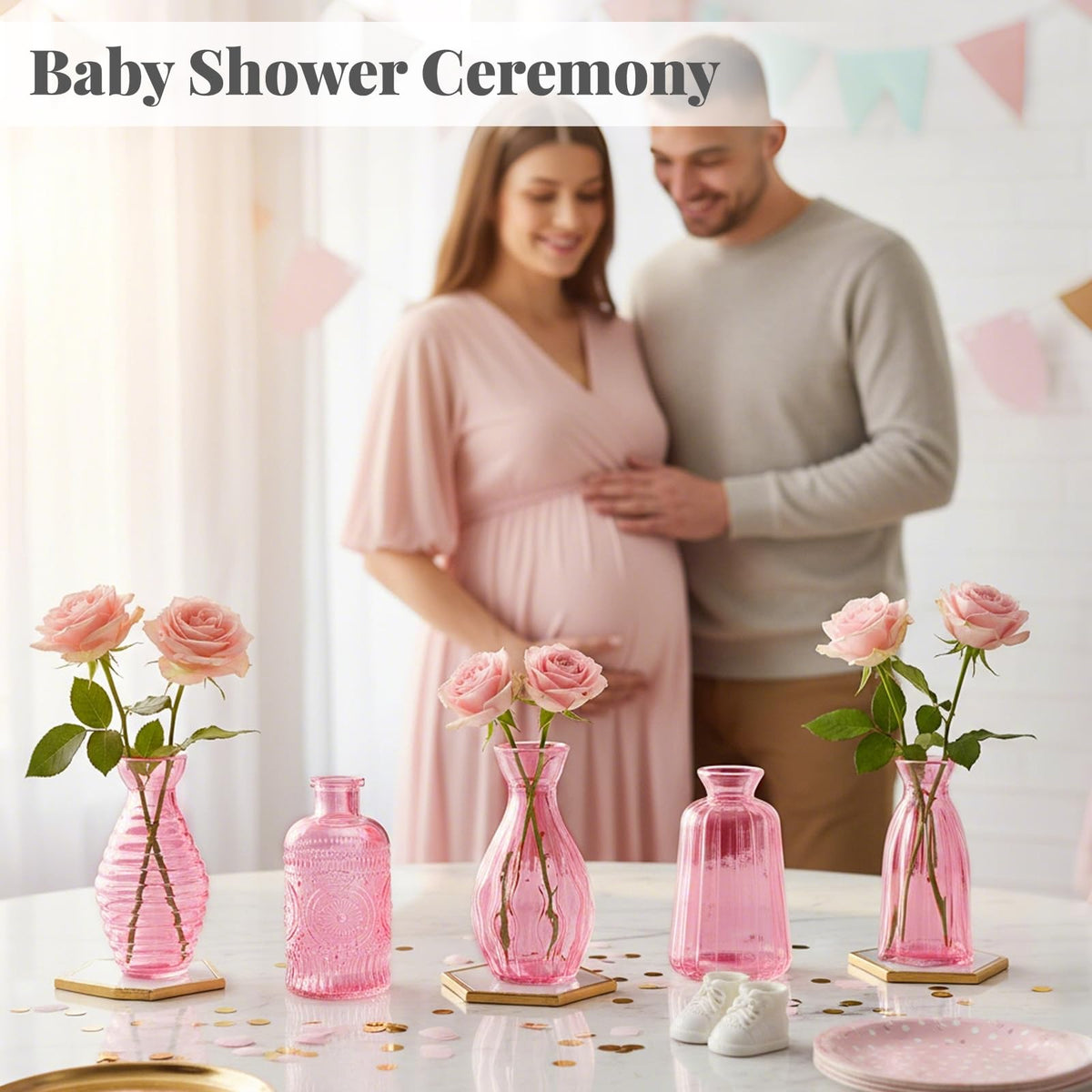 BEAHOT pink bud vases create soft color accents under lighting.