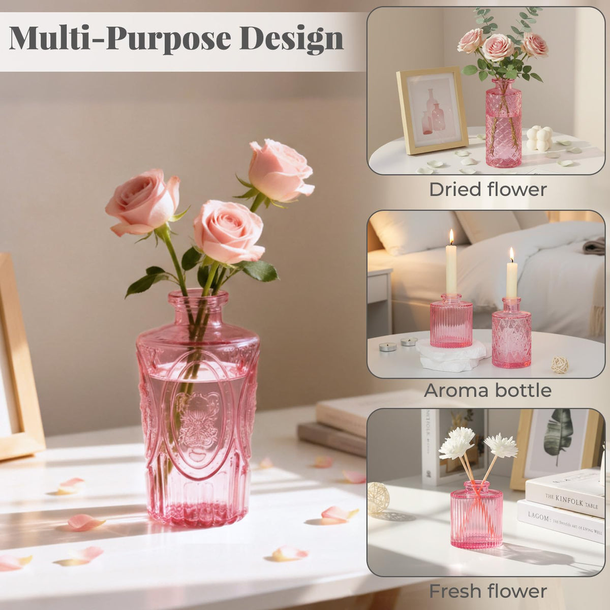 BEAHOT vintage-pattern pink bud vases add texture and light to shelves or tabletops