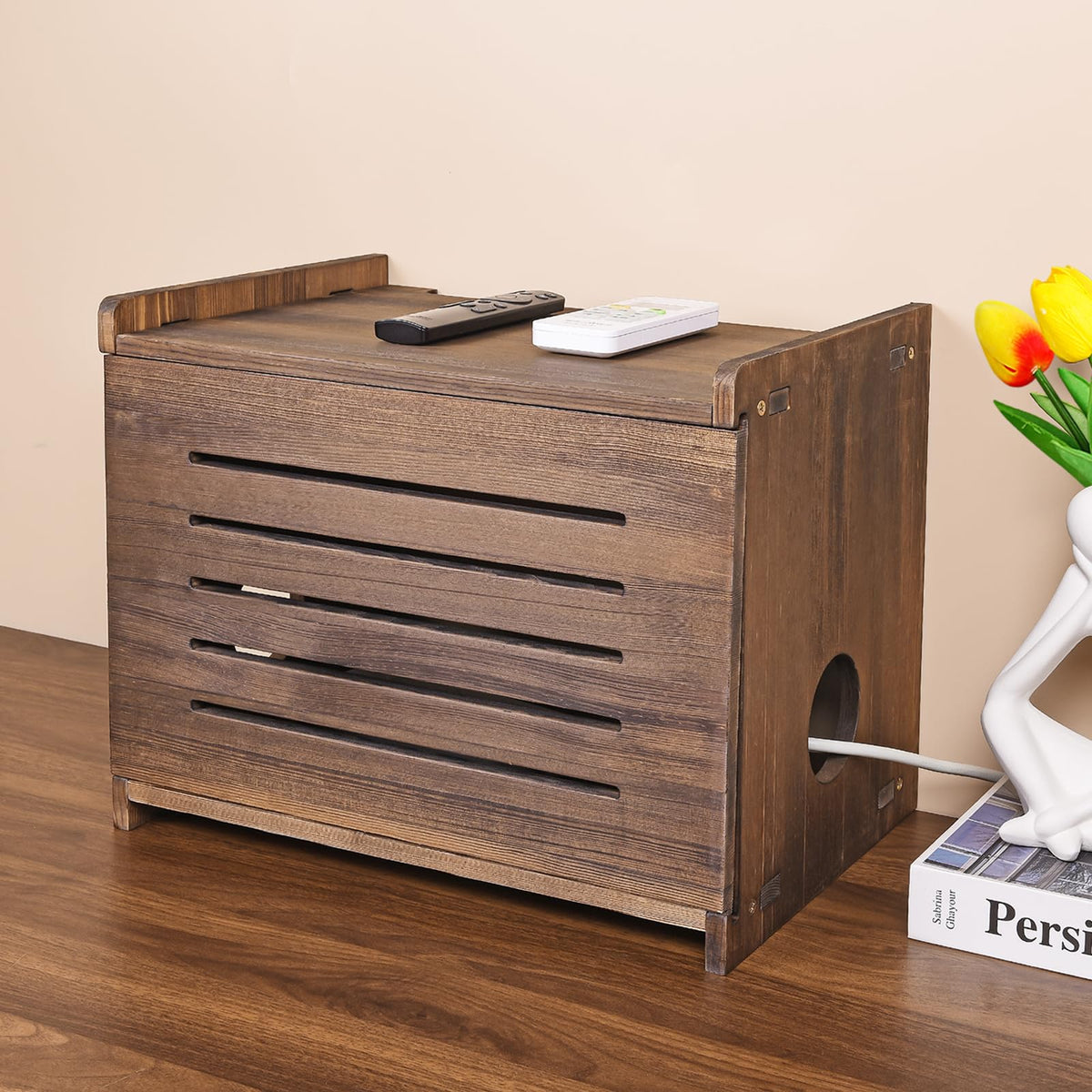 BEARUT Router Shelf Wood showing tidy cables and accessible devices