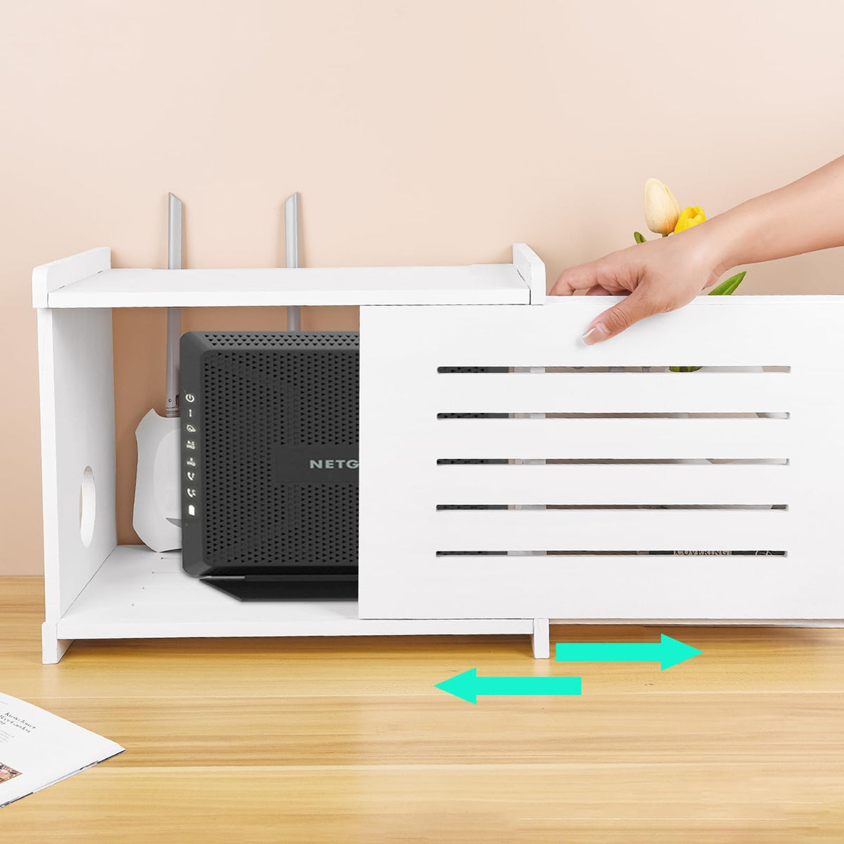 BEARUT White Router Shelf shows ample inner space for devices like router and modem.