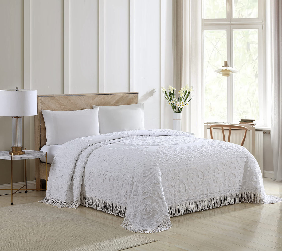 Beatrice Chenille bedspread featuring a fringed hem for vintage texture
