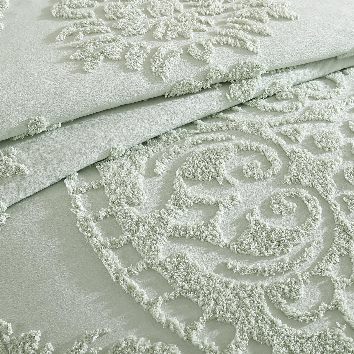 Beatrice Home Fashions sage chenille bedding on king bed serene retreat vibes.