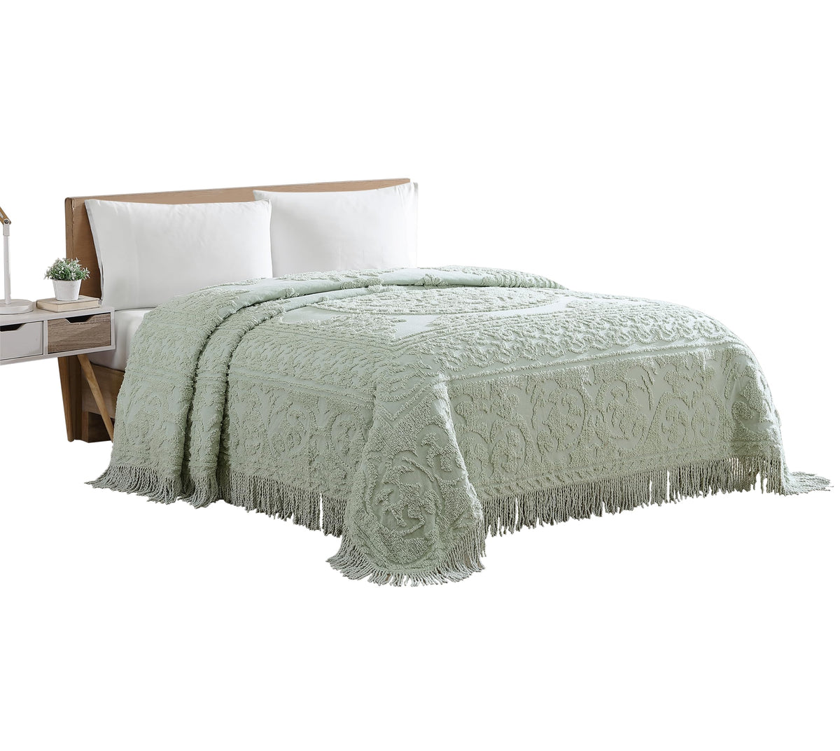 Beatrice Home Fashions medallion chenille bedspread in sage with cozy vintage charm.