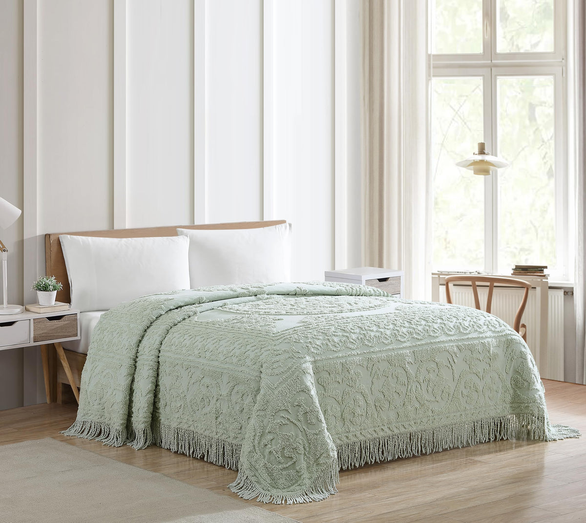 Beatrice Home Fashions medallion chenille bedspread sage fringe hem highlights classic warmth.