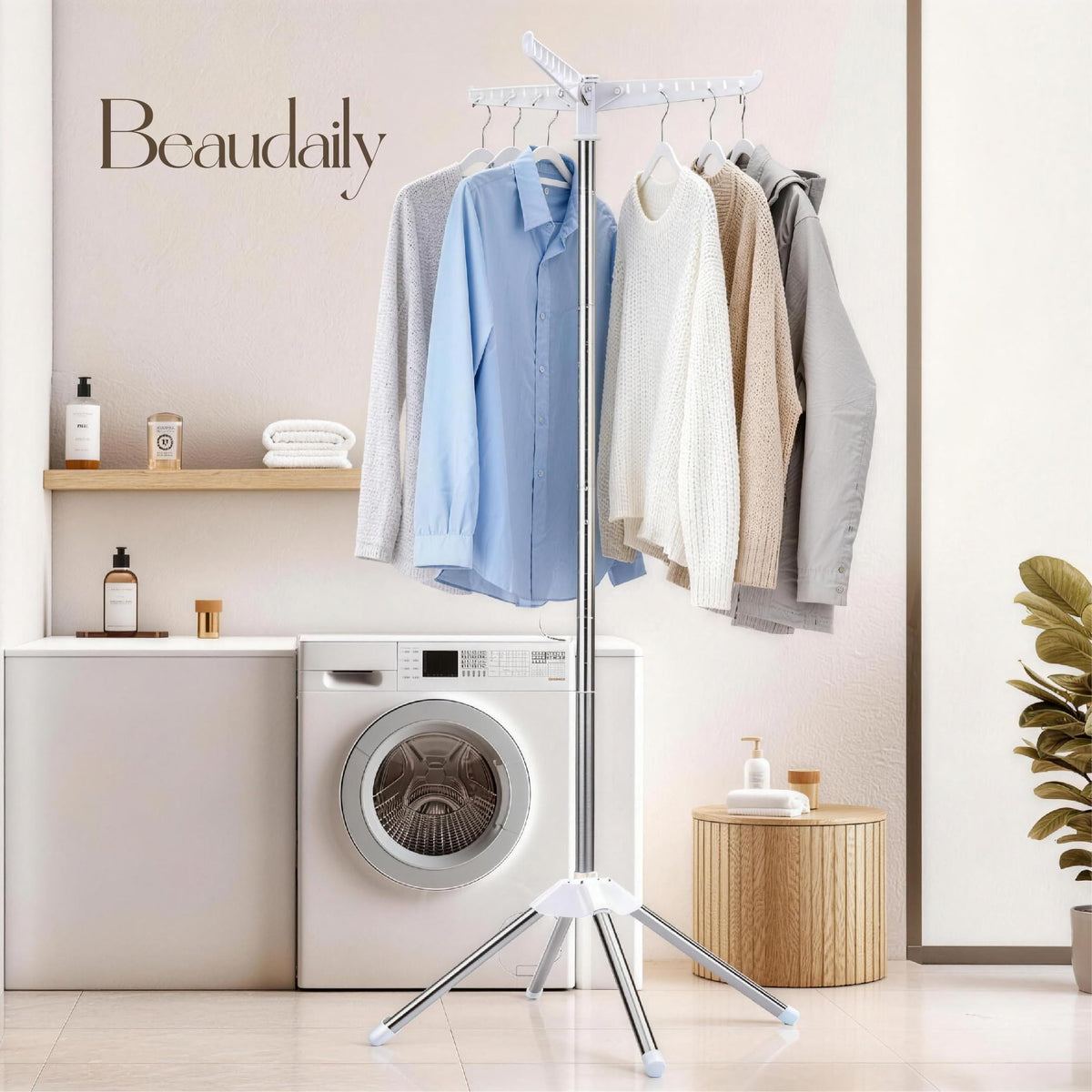 Beaudaily indoor clothes drying rack mounted in a small laundry corner