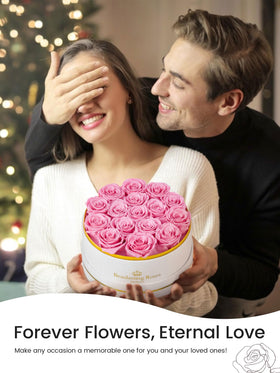 Beaulasting Roses: elegant round white velvet box framing pink preserved roses.
