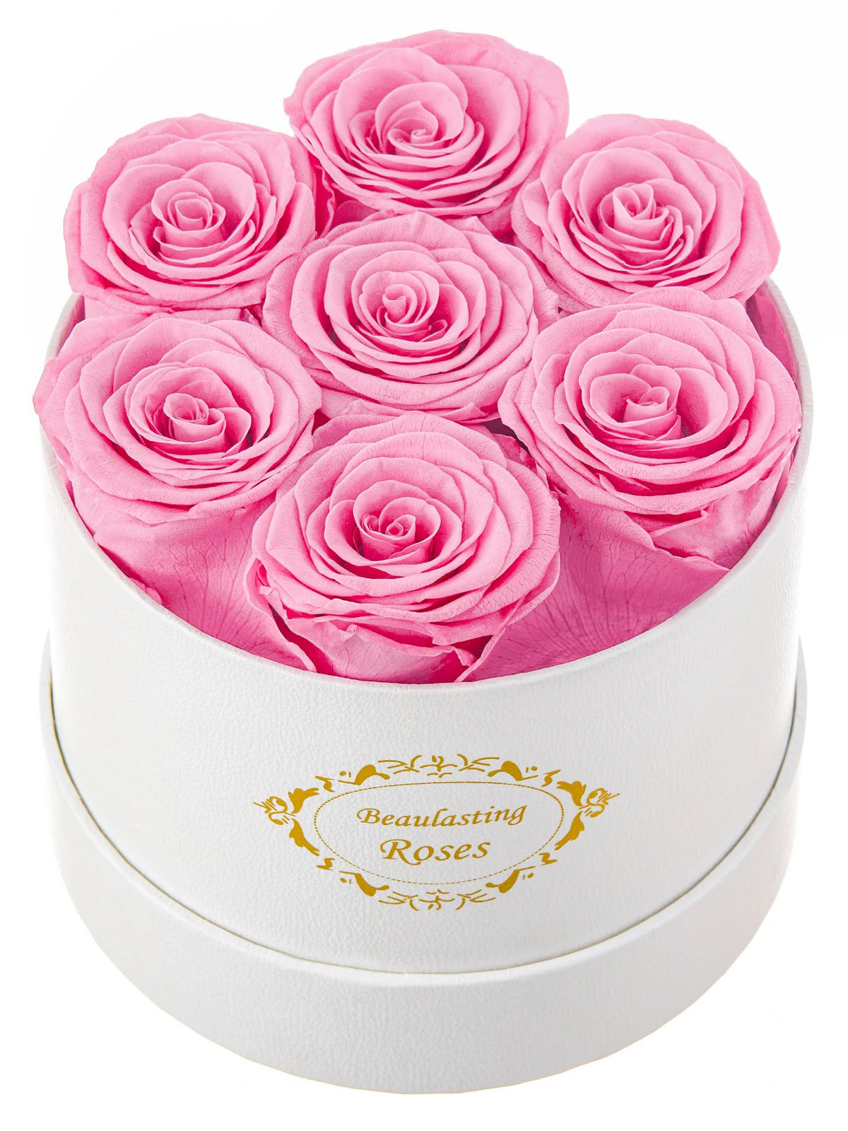 Beaulasting Roses round white box with preserved roses, an elegant year-long gift.