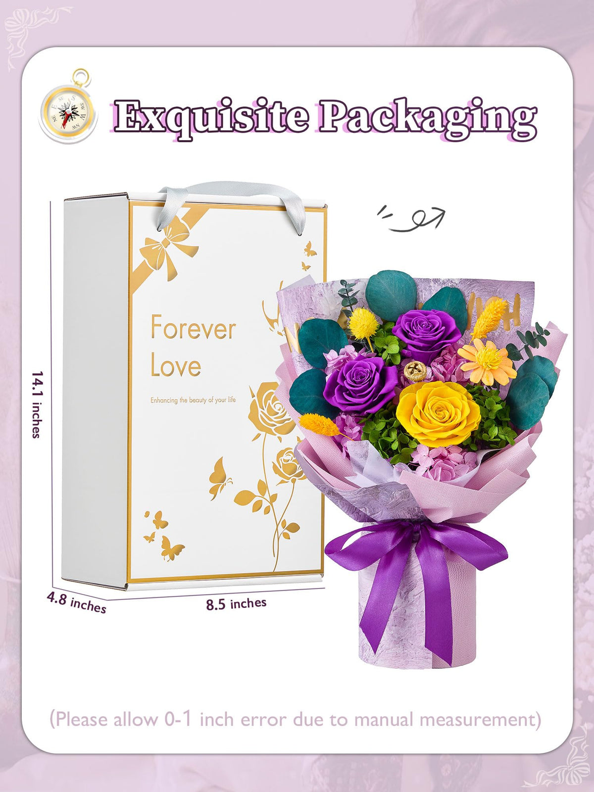 Beaulasting Roses preserved arrangement suitable for home decor in purple