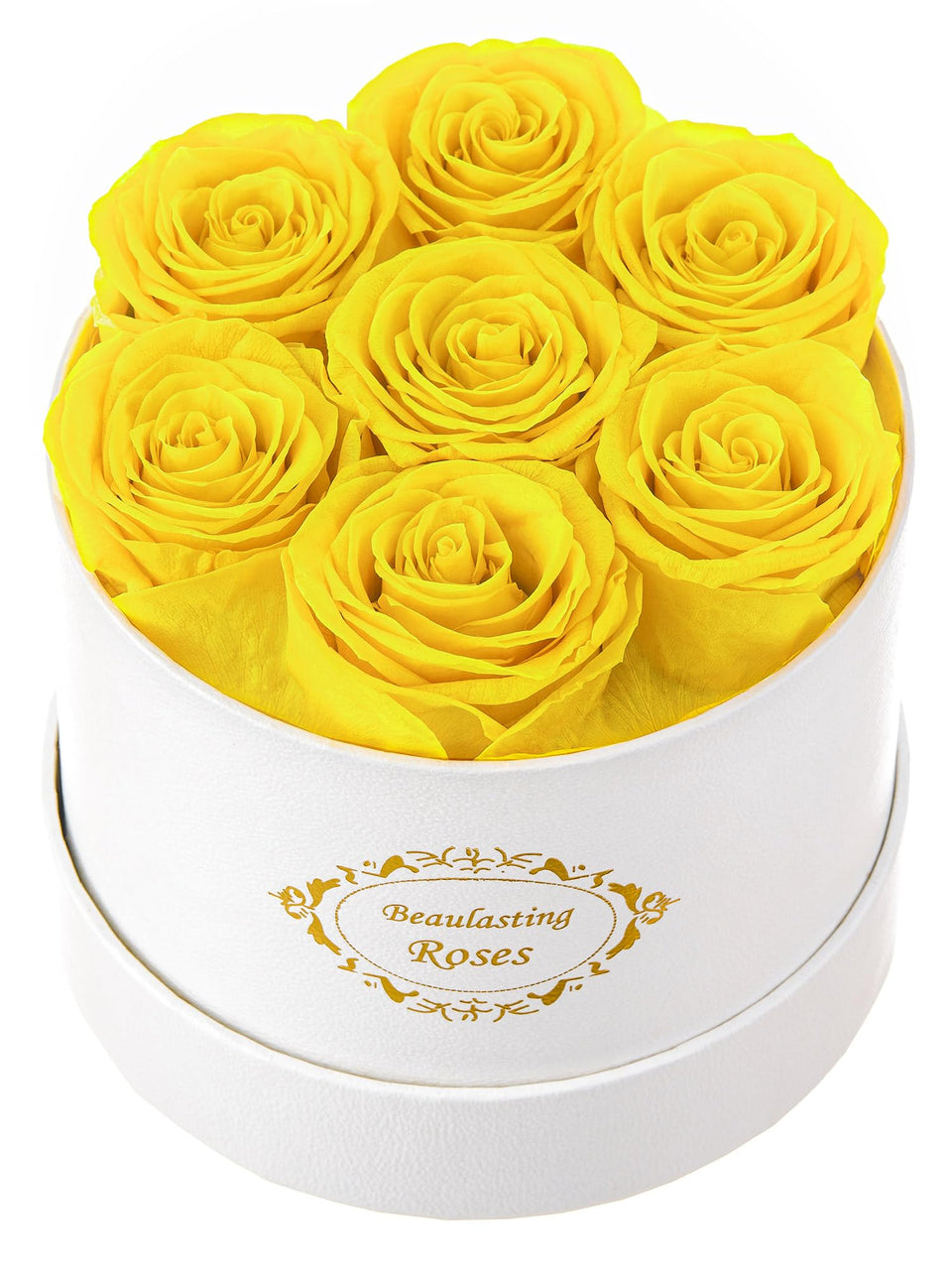 Beaulasting Roses round white box on desk displaying preserved blooms for lasting decor.