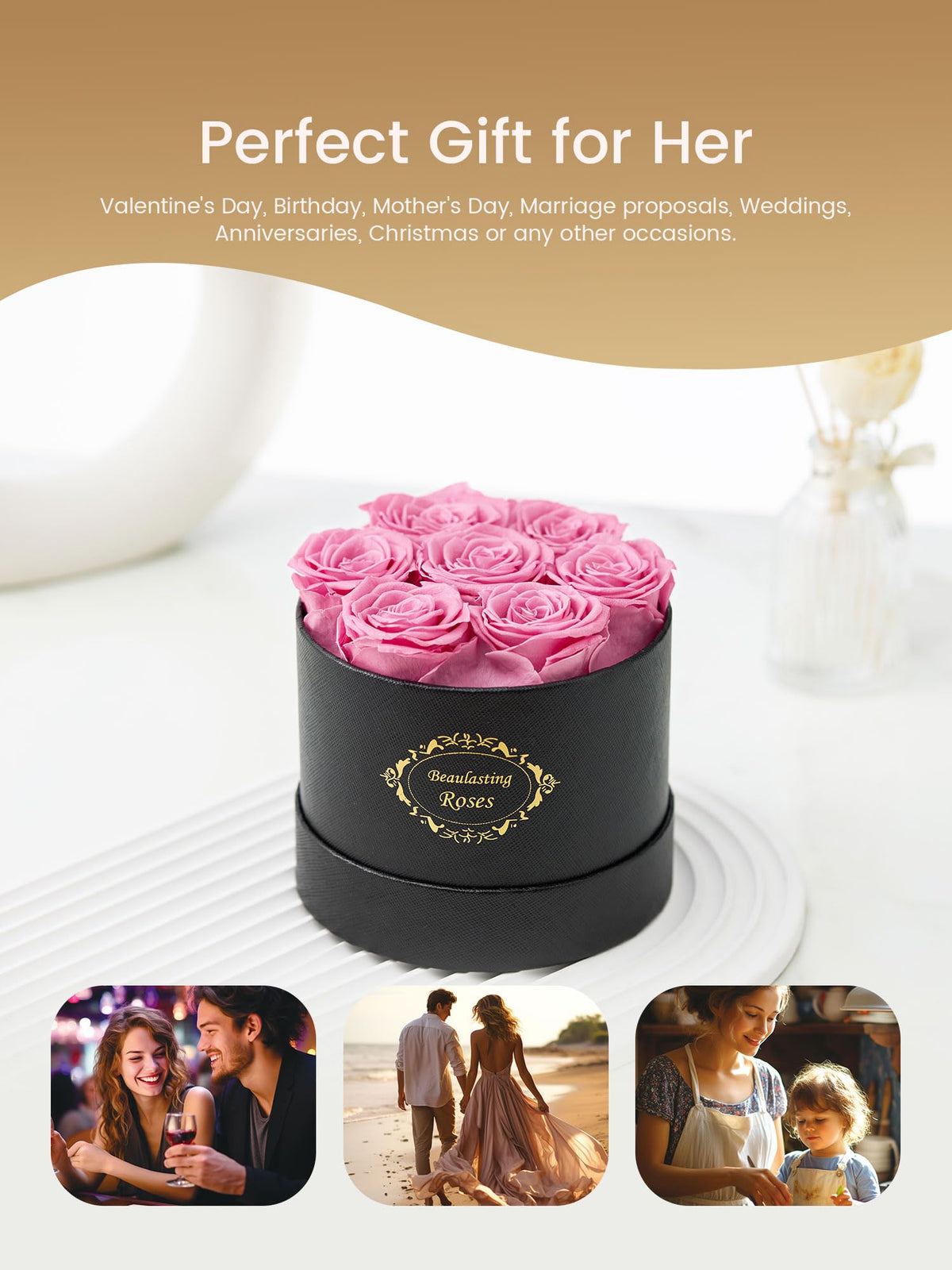 Beaulasting round black gift box opened to reveal lasting roses.