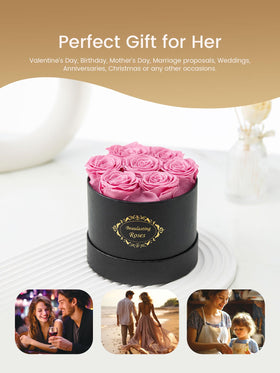 Beaulasting round black gift box opened to reveal lasting roses.