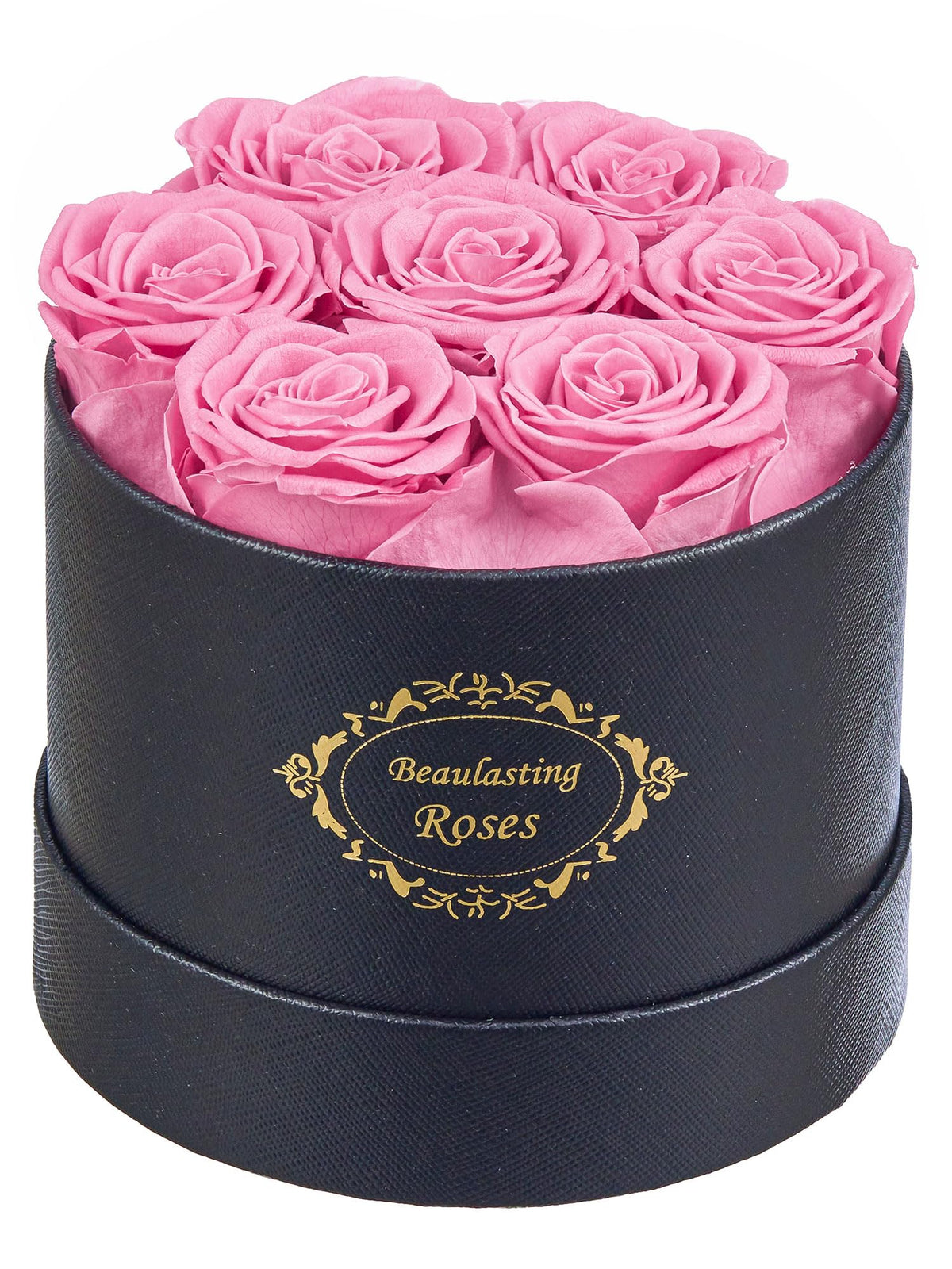 Beaulasting round black box with pink preserved roses, elegant keepsake.