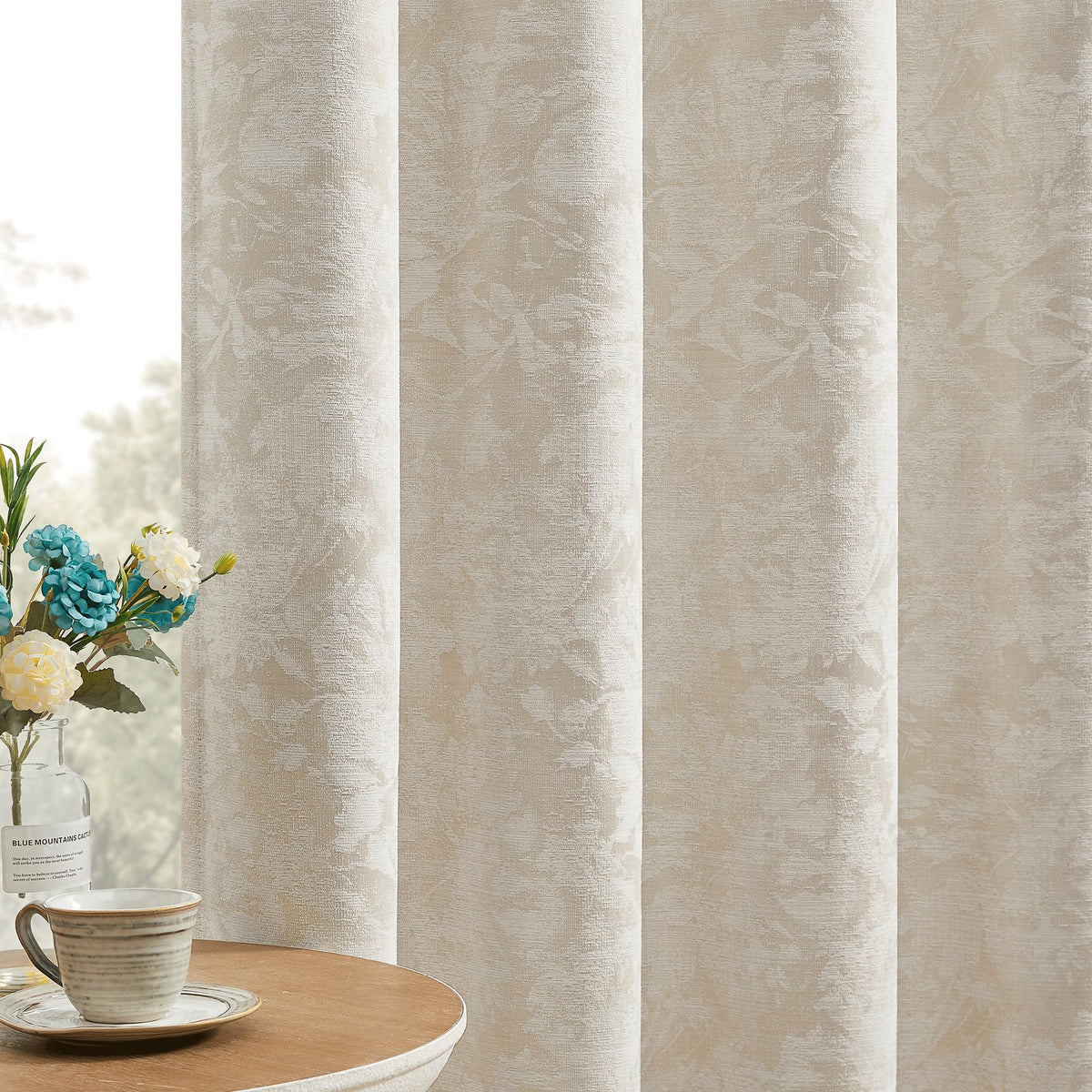 Beauoop beige floral jacquard curtains panel on window showing elegant texture