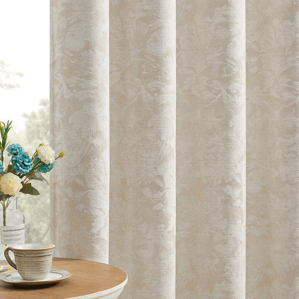 Beauoop beige floral jacquard curtains panel on window showing elegant texture