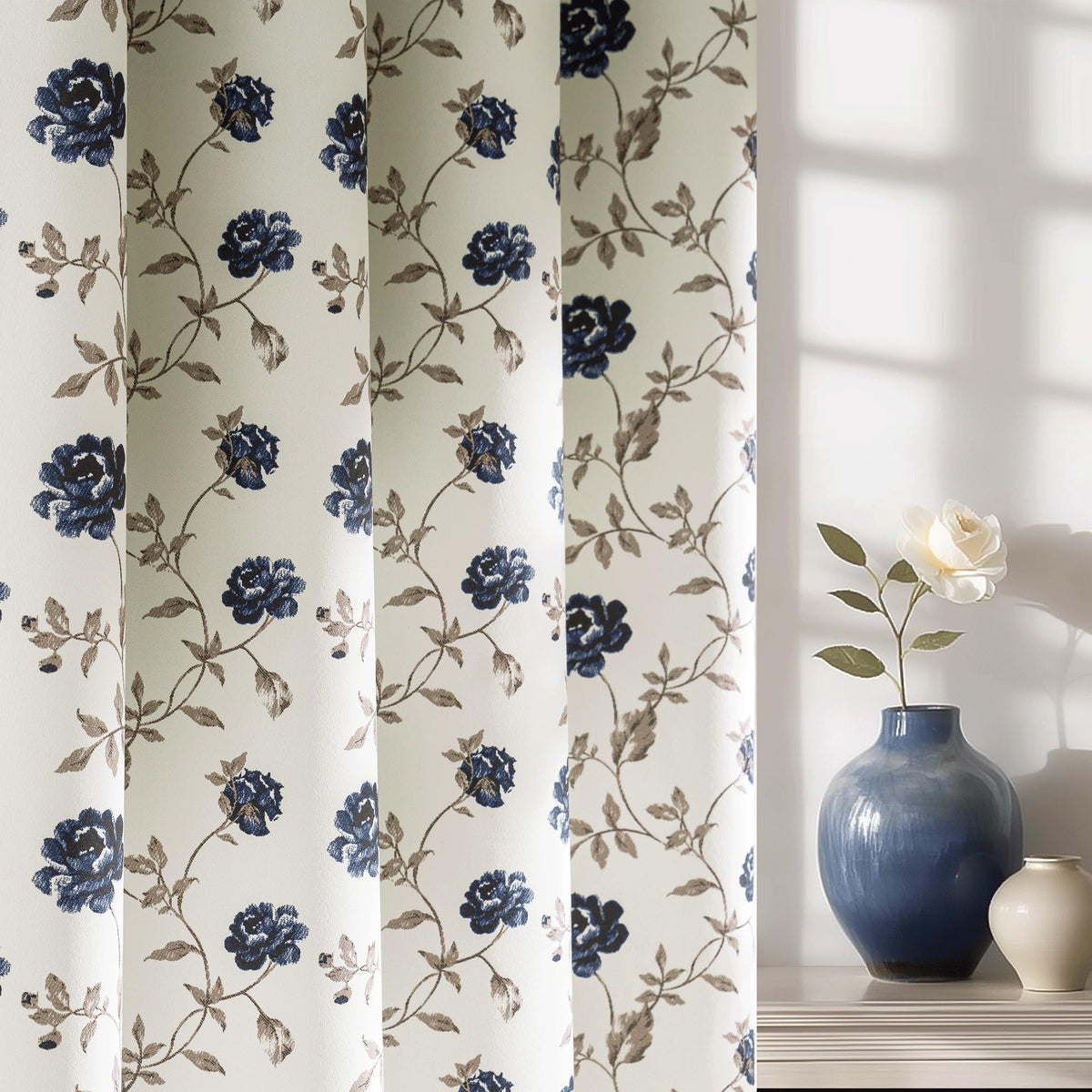 Beauoop floral blackout curtains with petal pattern on beige background showing dramatic navy blooms