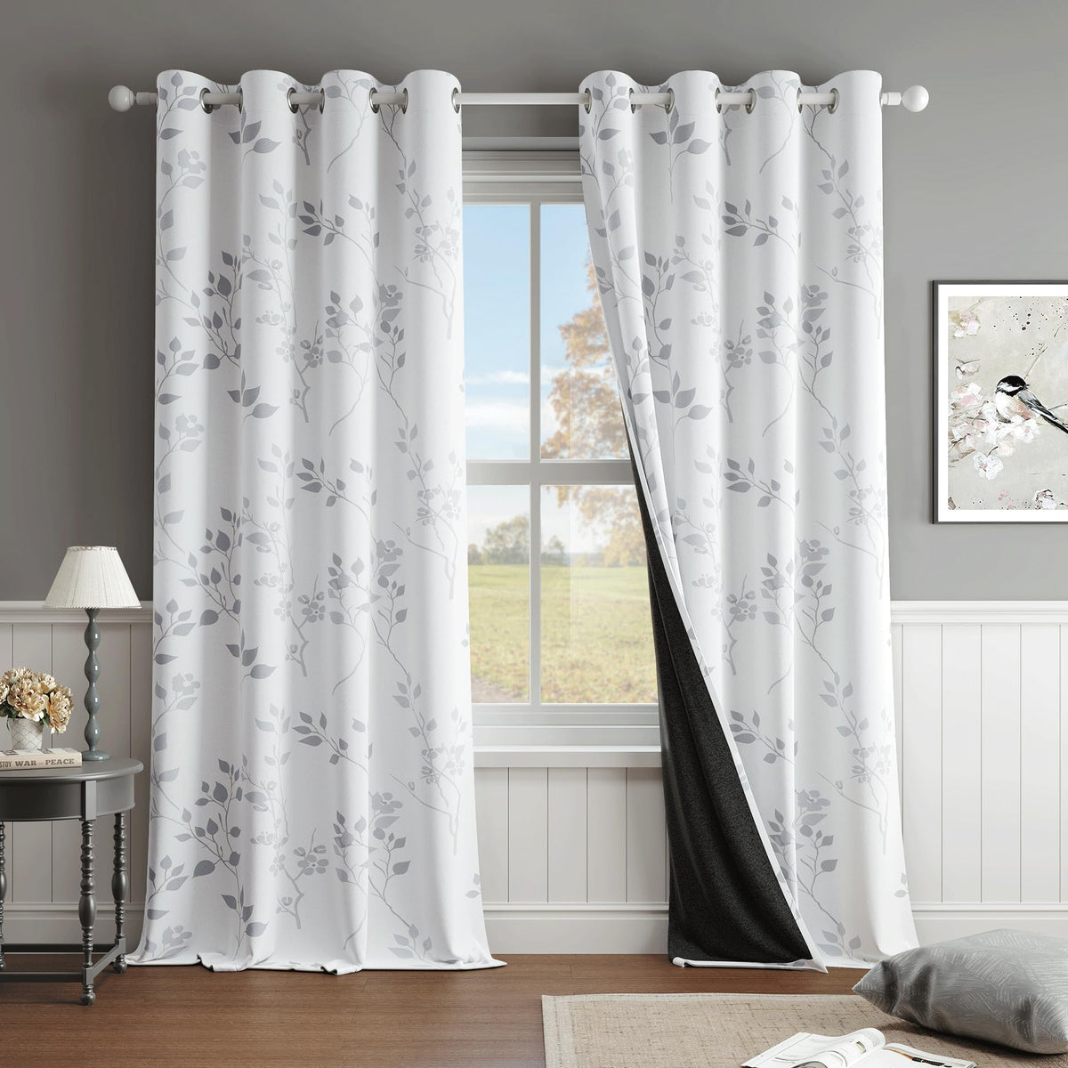 Beauoop floral blackout panel with white flower pattern for bedroom privacy and light control