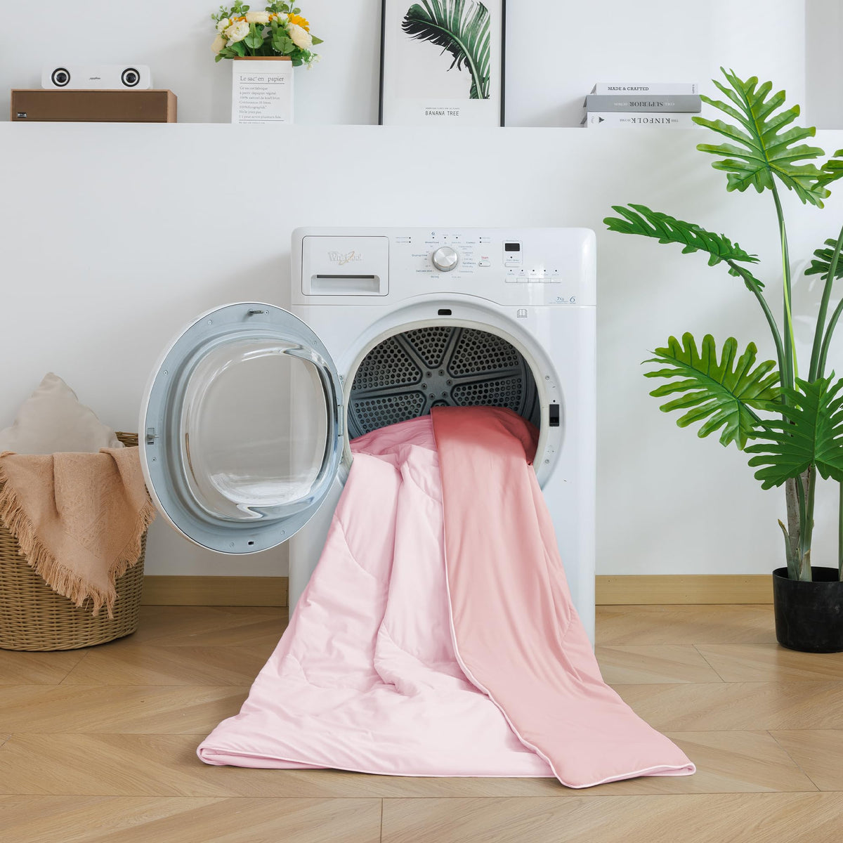 BEAUTEX cooling comforter draped over chair demonstrates all-season versatility.