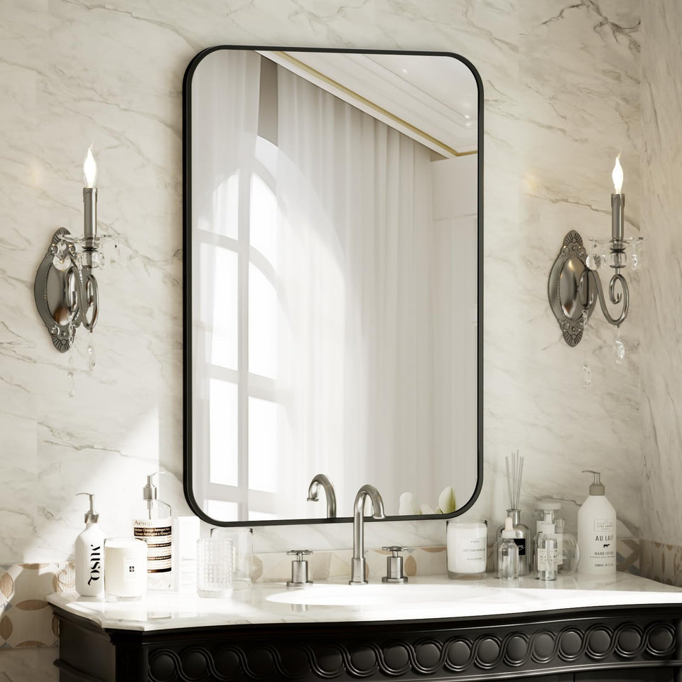 BEAUTYPEAK 24x36 rectangular mirror with aluminum frame for a sleek bathroom look.
