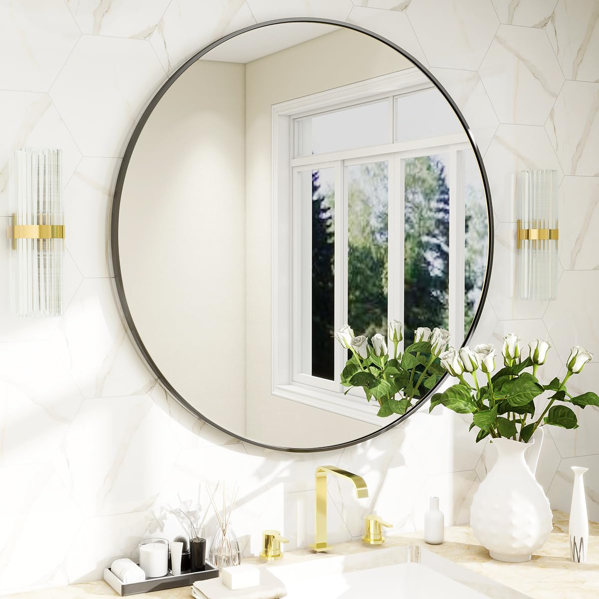 BEAUTYPEAK large circle mirror creates a focal point in living rooms