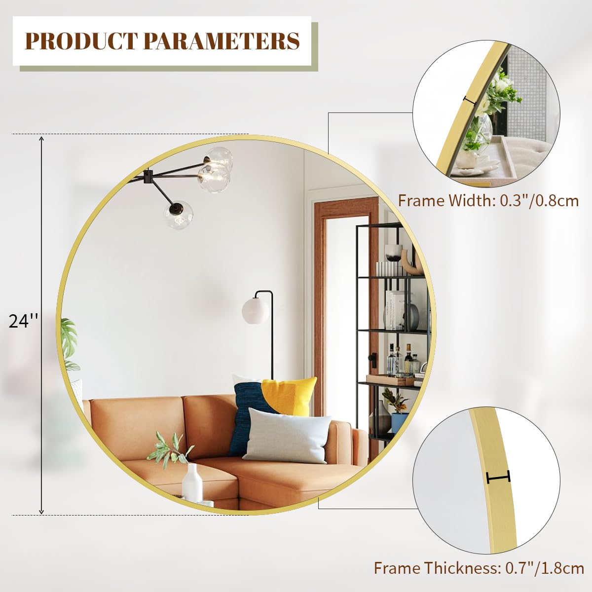 BEAUTYPEAK round wall mirror complements living room decor with spacious feel.