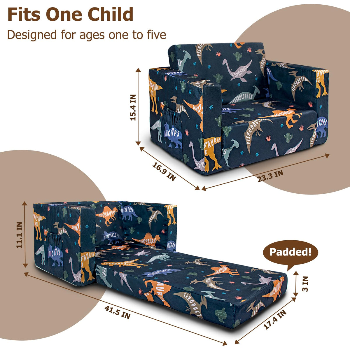 Beavtaens dinosaur kids couch expanded demonstrates versatile 2-in-1 setup for play or rest