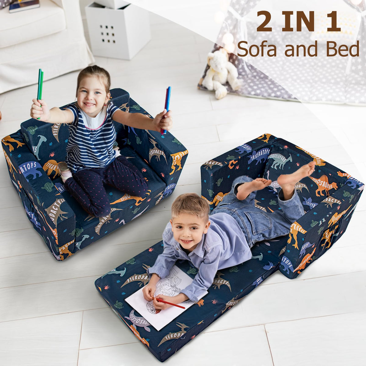 Beavtaens dinosaur kids couch folded demonstrates easy storage and space-saving design