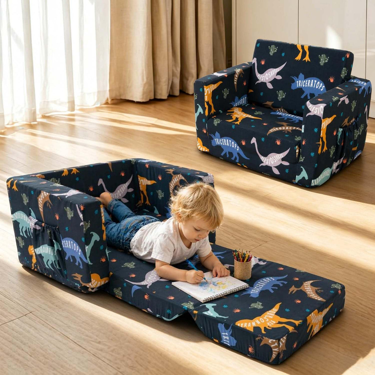 Beavtaens dinosaur kids couch front view highlighting bright, imaginative design for playrooms