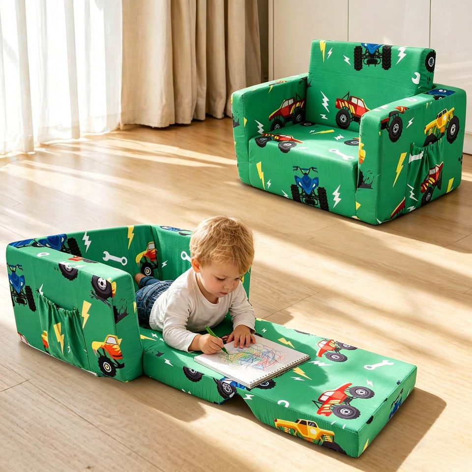 Beavtaens Kids Couch with green monster truck pattern sparks imaginative play