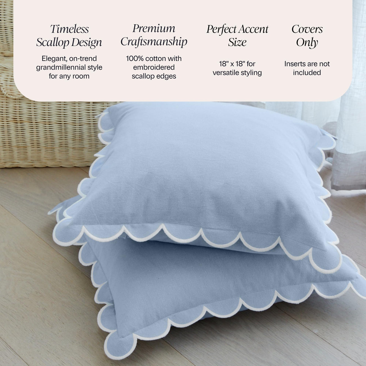 BEBE BASK blue-white scalloped pillow cover back view
