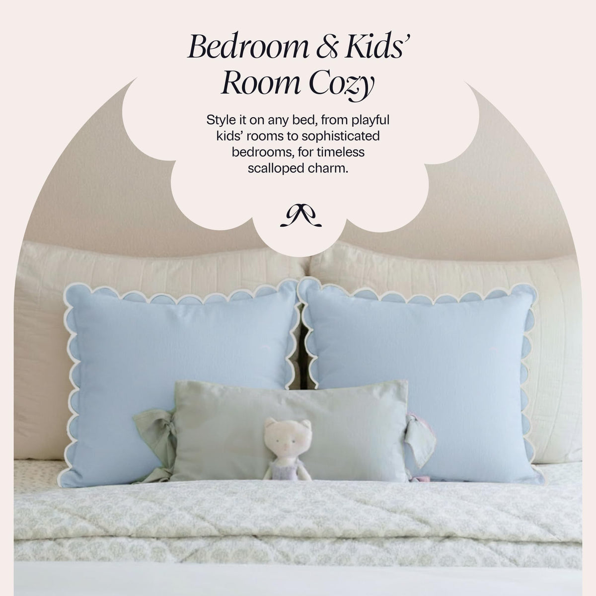 BEBE BASK blue scalloped pillow cover bedroom scene with calm light