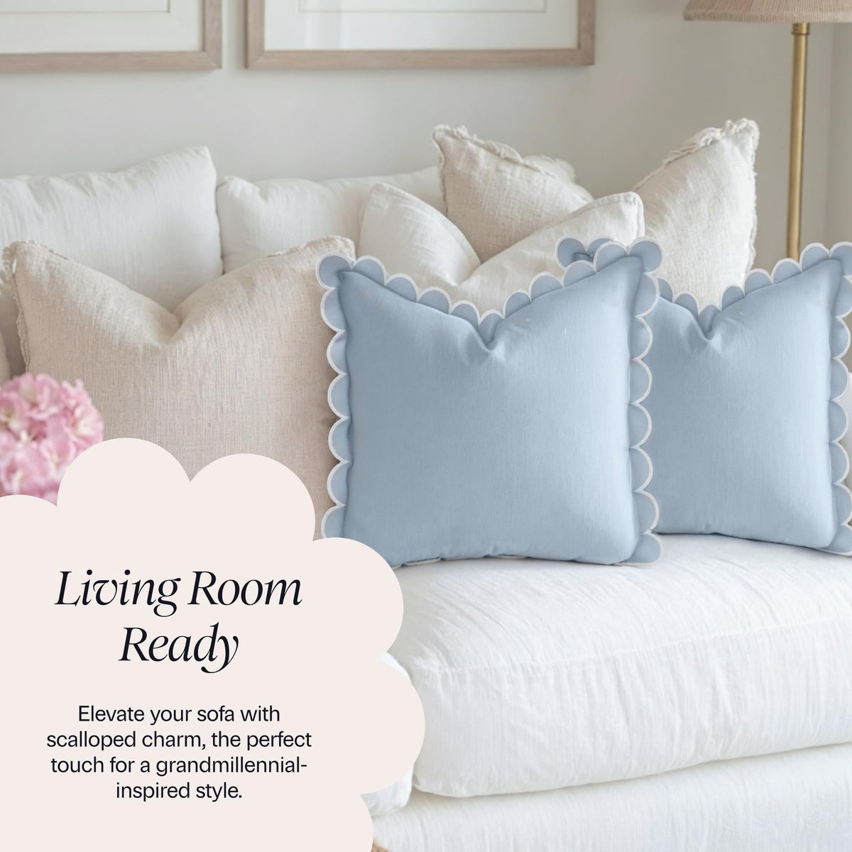 BEBE BASK blue scalloped pillow cover living room scene