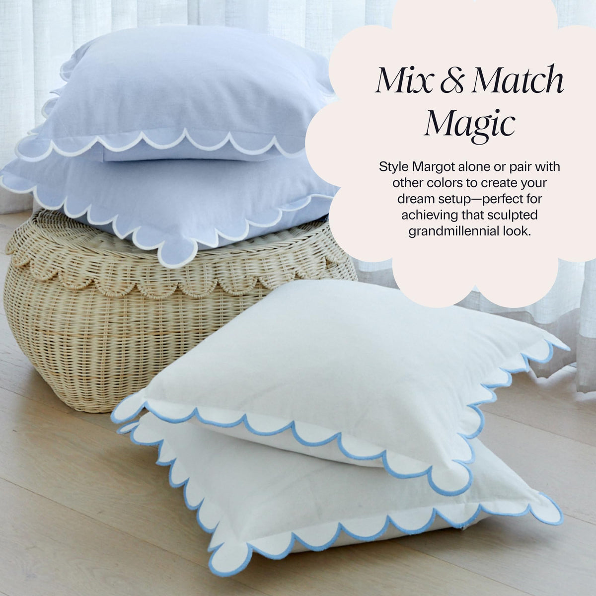 BEBE BASK blue scalloped pillow cover pair on sofa for cohesive look