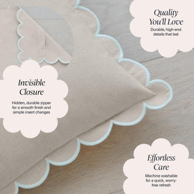 Bebe Bask Margot scalloped cover on sofa adding timeless grandmillennial charm.