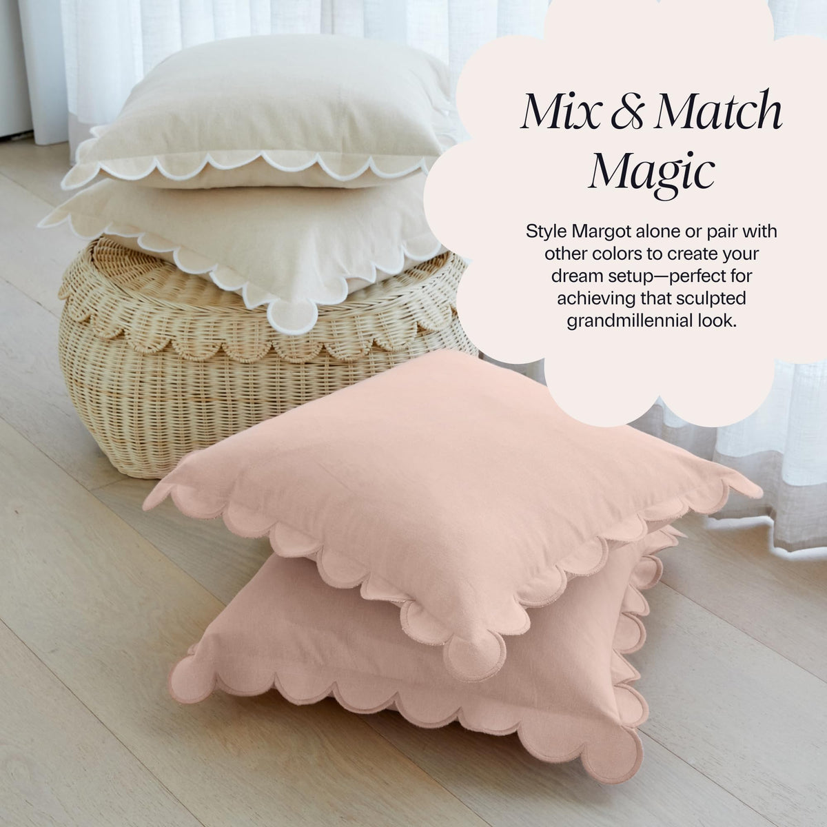 Bebe Bask Margot scalloped cover paired setup for mix-and-match pillow styling.