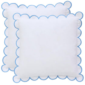 Bebe Bask Margot scalloped pillow cover in white and blue adds timeless elegance to any sofa.