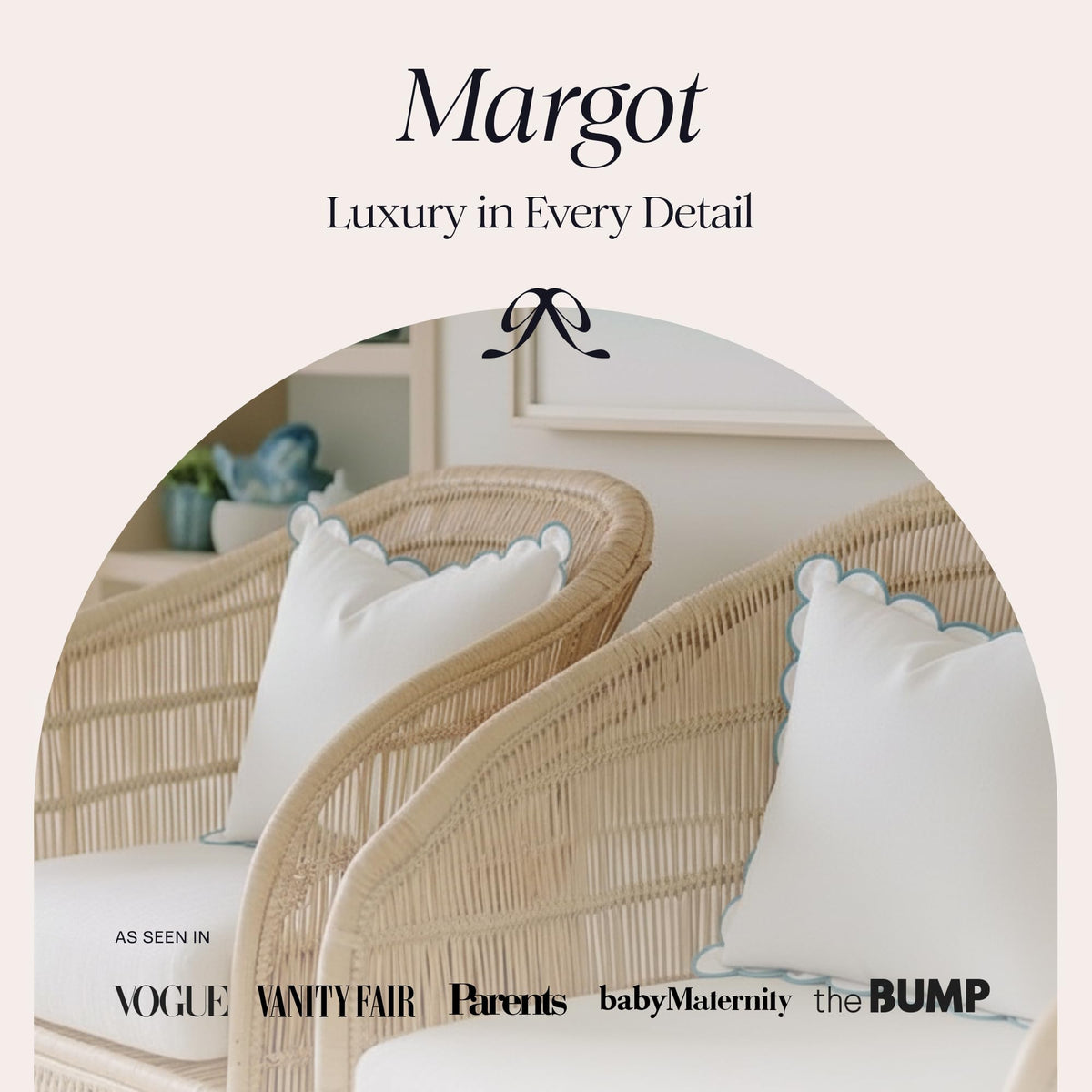 Bebe Bask Margot scalloped pillow cover with embroidered edge for refined charm.