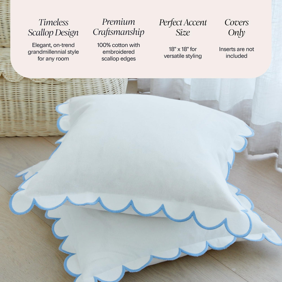 Bebe Bask Margot white base with blue scallop trim for a timeless look.