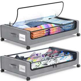 Beborxue under-bed storage with wheels showing XXL 60L capacity for clothes and blankets.